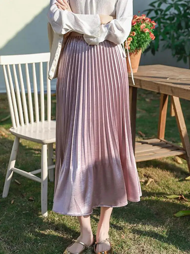 French Fashion Women Solid Elegant Festival Pleated Long Skirt Spring Summer Elastic High Waist Office Lady Skirts Popular Trend
