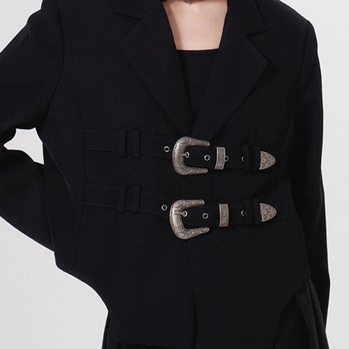 Load image into Gallery viewer, Solid Loose Spliced Belts Temperament Jackets for Women Lapel Long Sleeves Minimalist Jacket Female Clothing New
