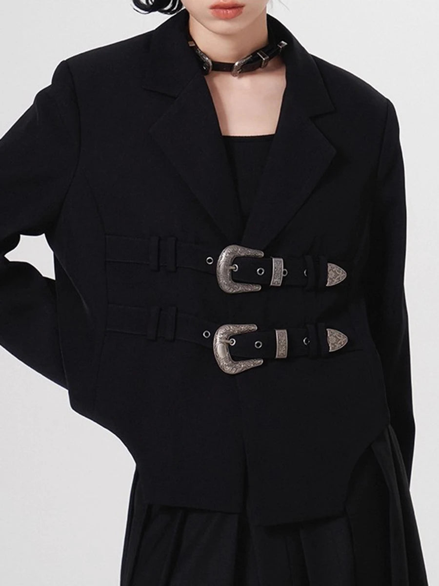 Solid Loose Spliced Belts Temperament Jackets for Women Lapel Long Sleeves Minimalist Jacket Female Clothing New