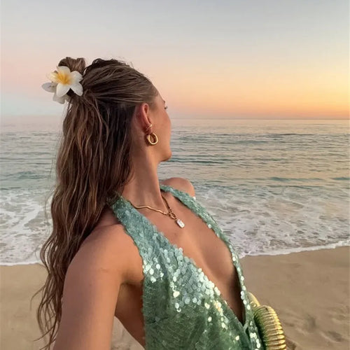 Load image into Gallery viewer, Halter Deep V Neck Sexy Crop Tops Women Sequins Beach Club Tank Tops Female Summer New Holiday Party Cropped Tops
