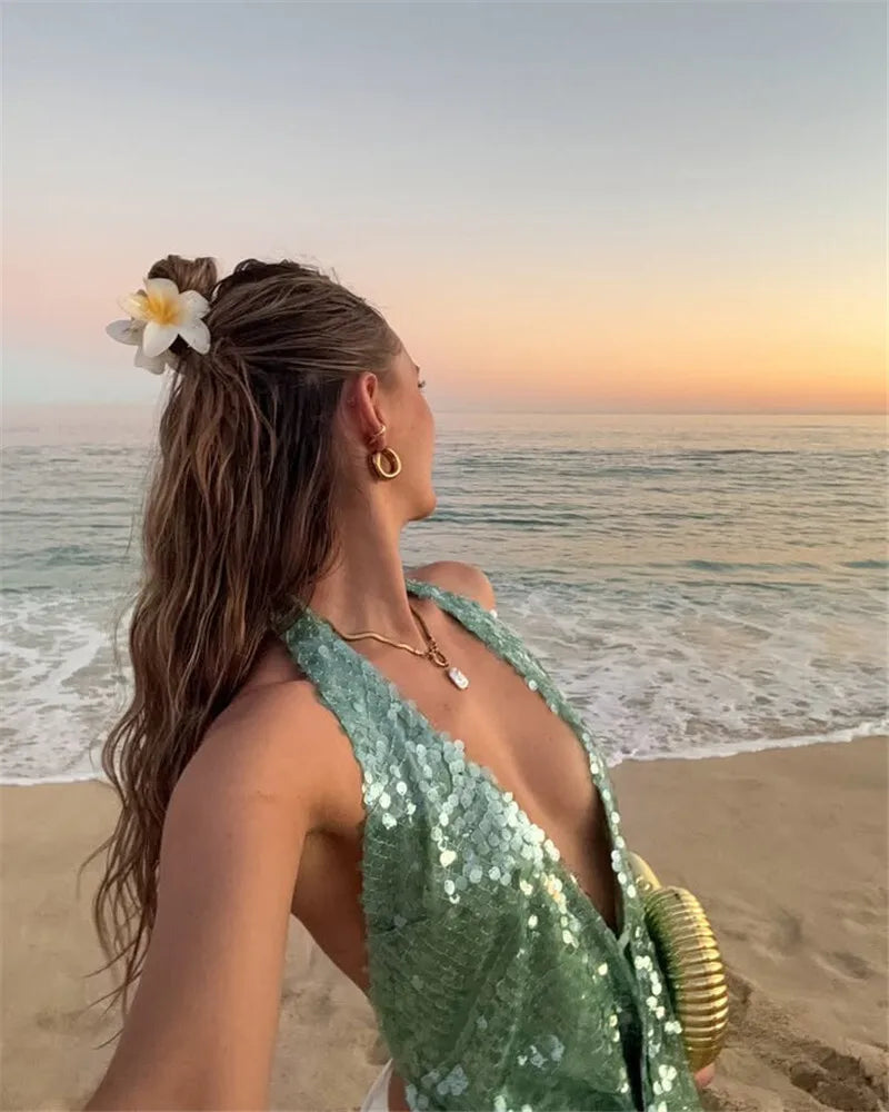 Halter Deep V Neck Sexy Crop Tops Women Sequins Beach Club Tank Tops Female Summer New Holiday Party Cropped Tops