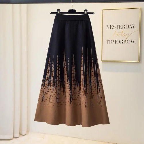 Load image into Gallery viewer, Korean Vintage 2024 Autumn Winter New Elegant Print Crochet Knit Long Skirt Women Casual Thick High Waist Pack Hip A-line Skirts
