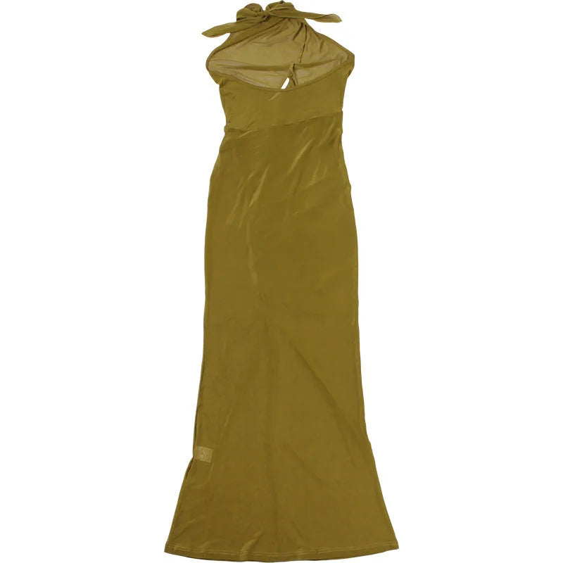 Mesh Ruffled Ruched Sexy Maxi Dress For Women Gown Fashion Solid Sleeveless Backless Bodycon Club Long Dress Vestido