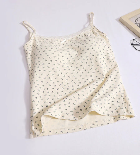 Summer Fashion Women Flower Print Lace Spaghetti Strap Vest Chic Solid Sleeveless Slim Ladies Casual Short Tops Streetwear