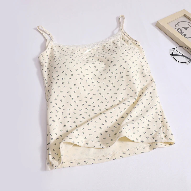 Summer Fashion Women Flower Print Lace Spaghetti Strap Vest Chic Solid Sleeveless Slim Ladies Casual Short Tops Streetwear