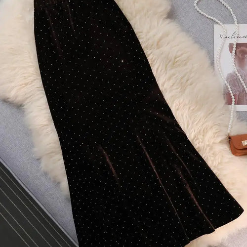 Load image into Gallery viewer, Vintage Black Velvet Diamonds Mermaid Skirt Autumn Winter Women&#39;s Brown Elastic High Waist Party Wrap Hip Long Skirts Female New
