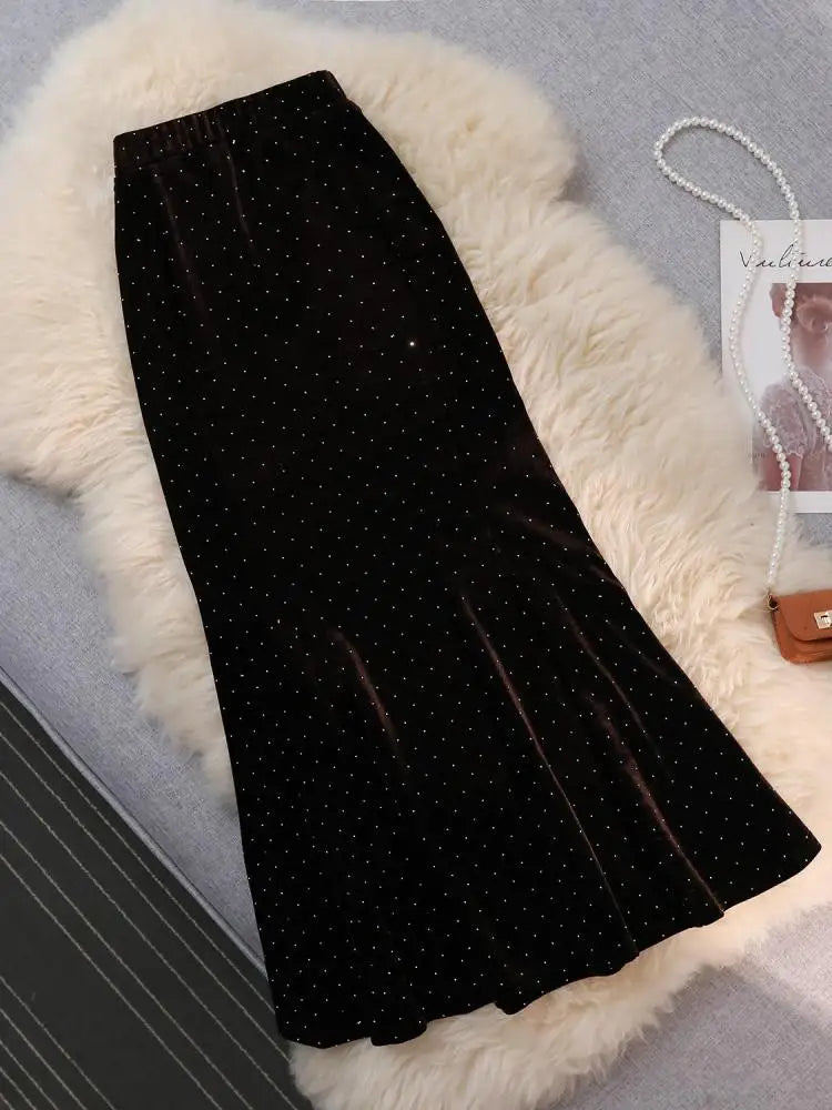 Vintage Black Velvet Diamonds Mermaid Skirt Autumn Winter Women's Brown Elastic High Waist Party Wrap Hip Long Skirts Female New