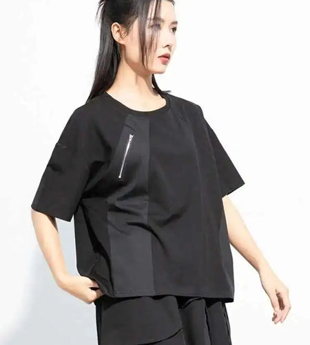Women Black Green Color-block Big Size Zipper T-shirt New Round Neck Short Sleeve Fashion Tide Spring Summer 2025 1DH5062
