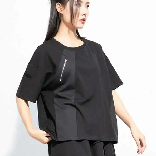 Load image into Gallery viewer, Women Black Green Color-block Big Size Zipper T-shirt New Round Neck Short Sleeve Fashion Tide Spring Summer 2025 1DH5062
