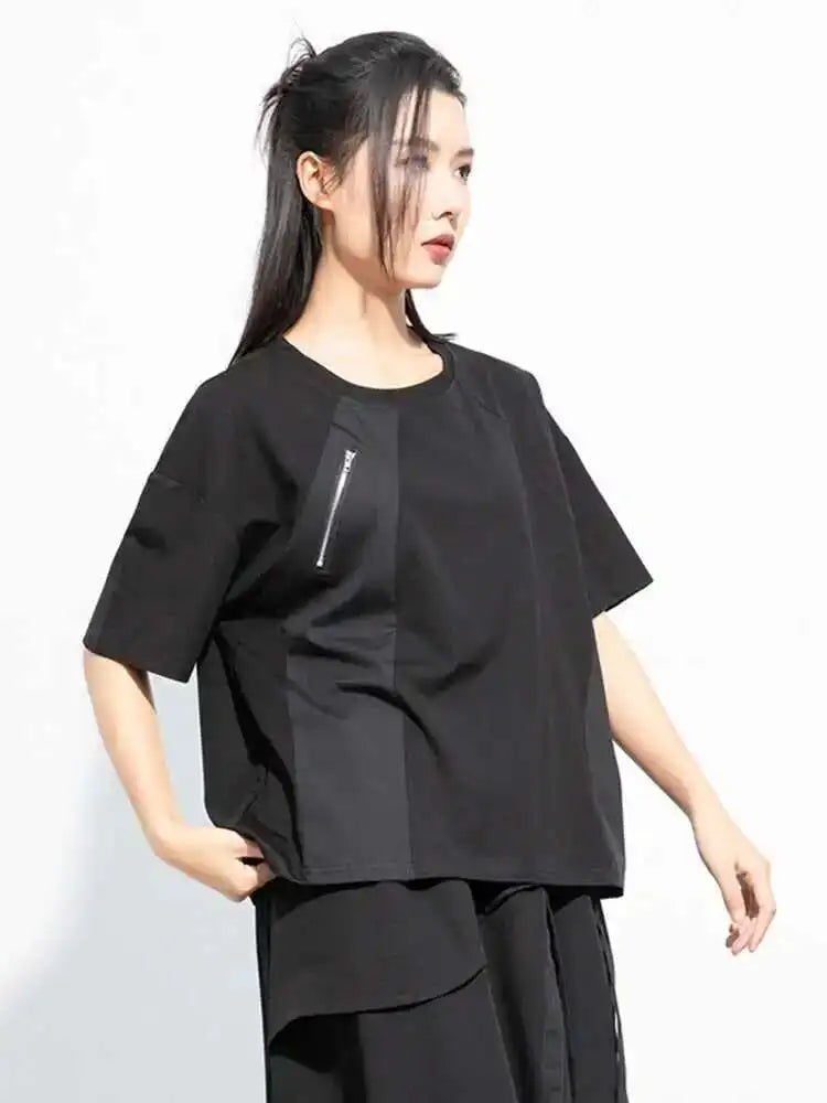 Women Black Green Color-block Big Size Zipper T-shirt New Round Neck Short Sleeve Fashion Tide Spring Summer 2025 1DH5062