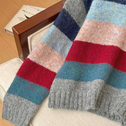 Load image into Gallery viewer, Korean Vintage Women's Rainbow Striped Round Neck Short Sweater Autumn Winter 2024 New Elegant Long Sleeved Knitted Pullover Top
