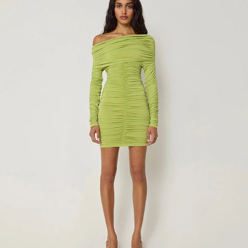 Load image into Gallery viewer, Inclined Shoulder Long Sleeve Sexy Mini Dress For Women Autumn New Fashion Backless Ruched Bodycon Party Sexy Dress
