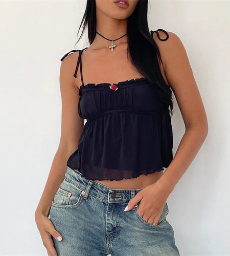 y2k Tops for Women Fairycore Clothing Flower/Bow Spaghetti Strap Sleeveless Pleated Camisole 2000s Vest Party Clubwear