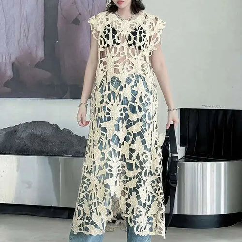 Load image into Gallery viewer, Women Black Lace Hollow Out Perspective Big Size Dress New Round Neck Sleeveless Fashion Tide Spring Summer 2025 1DJ0243
