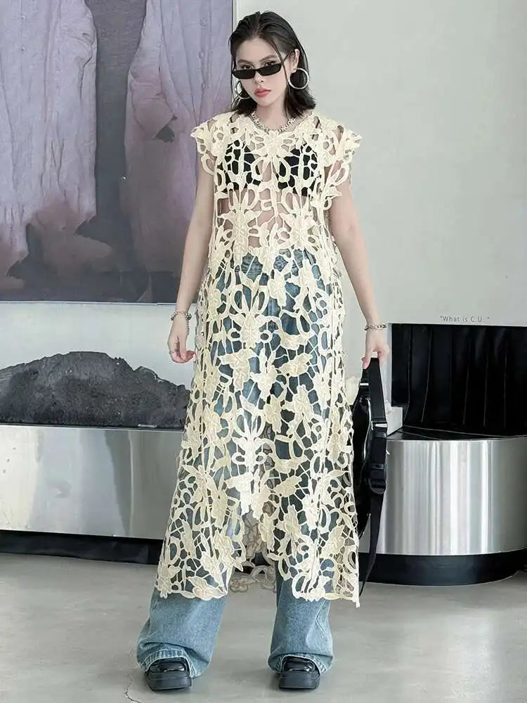 Women Black Lace Hollow Out Perspective Big Size Dress New Round Neck Sleeveless Fashion Tide Spring Summer 2025 1DJ0243