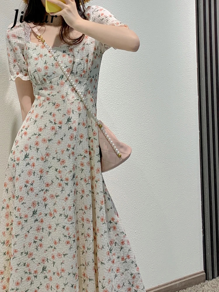 Summer Printed Lace Puff Sleeve Women Dresses Elegant Office Lady French Style Square Neck Slim Female Chic Floral Dress