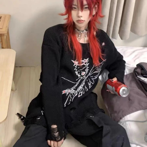 Load image into Gallery viewer, Autumn Gothic Black Hole Sweater Women Cartoon Embroidery Y2k Aesthetic Grunge Pullover Casual Loose Streetwear Oversized Jumper
