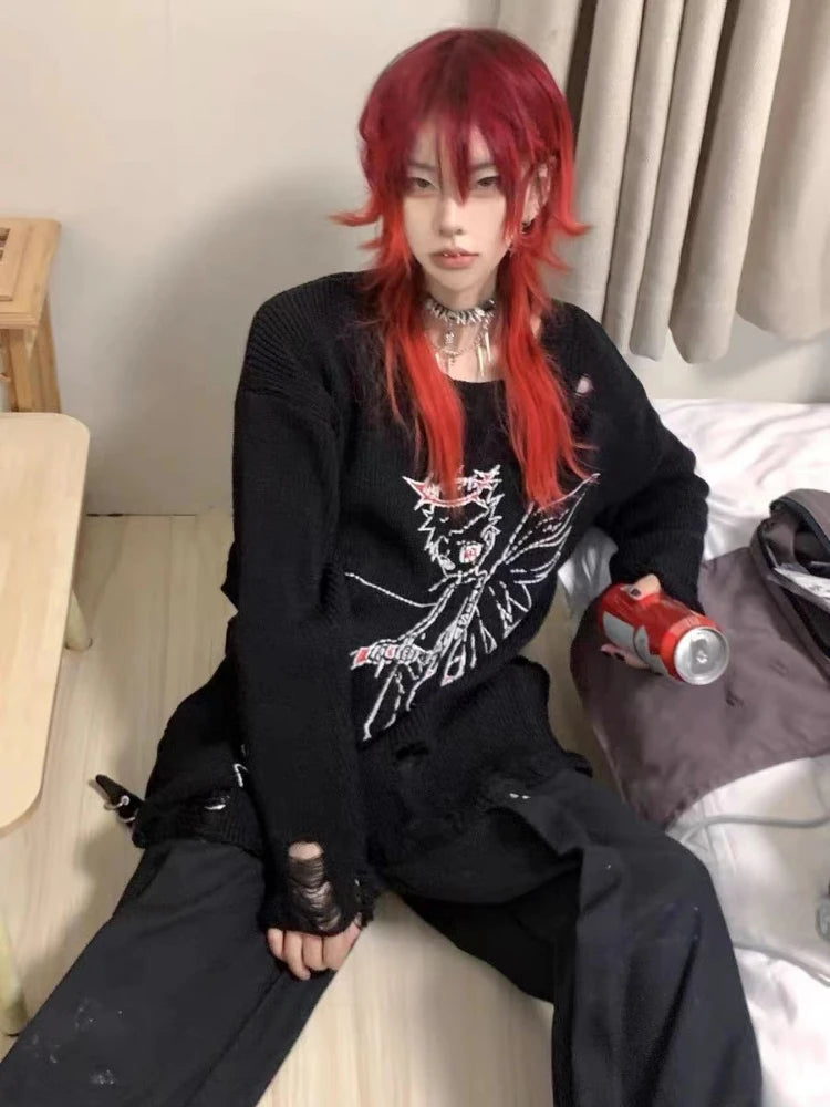 Autumn Gothic Black Hole Sweater Women Cartoon Embroidery Y2k Aesthetic Grunge Pullover Casual Loose Streetwear Oversized Jumper