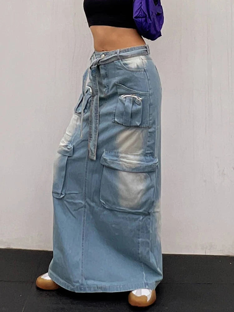 Denim Casual Skirts For Women High Waist Tied Patchwork More Than A Pocket Slimming Skirt Female Fashion Clothing