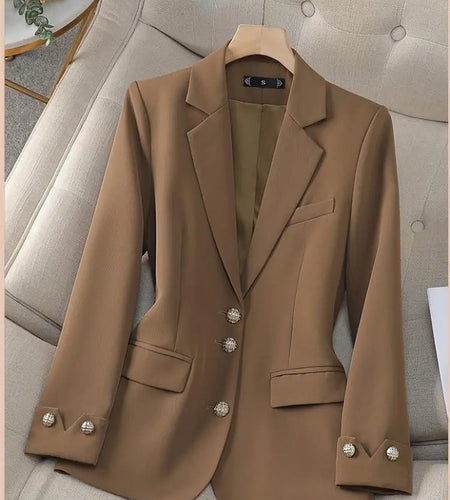 Black Beige Single Breasted Elegant Blazer Jacket Women's Autumn Winter New Brown Professional Formal Workwear Tops Simple Trend