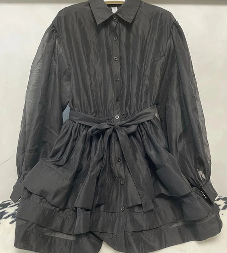 Solid Spliced Lace Up Mini Dresses For Women Lapel Long Sleeve High Waist Temperament Patchwork Ruffle Dress Female