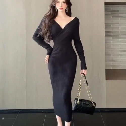 Load image into Gallery viewer, French Black Beige V Neck High Waist Slim Backless Wrap Hip Knitted Dresses Autumn Winter Pink Long Sleeves Office Dress Popular
