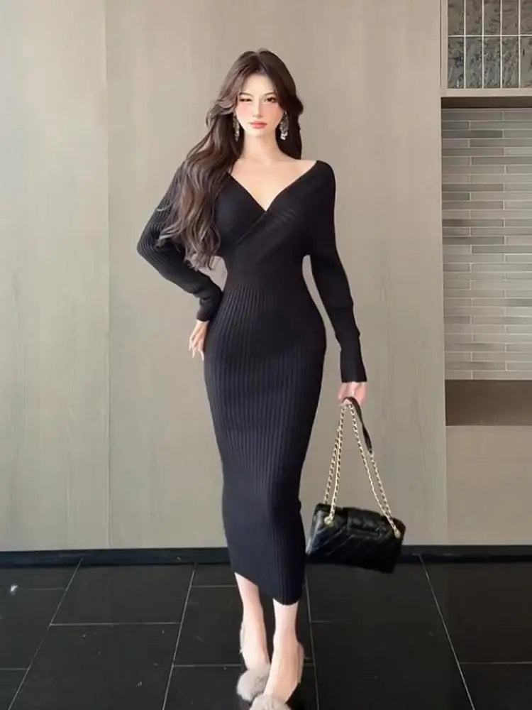 French Black Beige V Neck High Waist Slim Backless Wrap Hip Knitted Dresses Autumn Winter Pink Long Sleeves Office Dress Popular