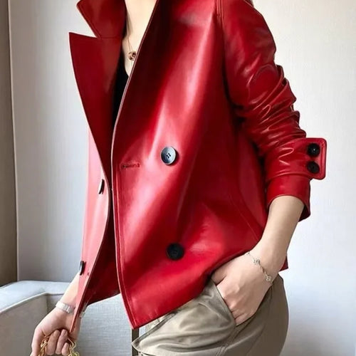 Load image into Gallery viewer, Autumn Winter Red Faux Leather Jackets Women 2024 New Outwear Long Sleeves PU Leather Short Coats Outwear for Female
