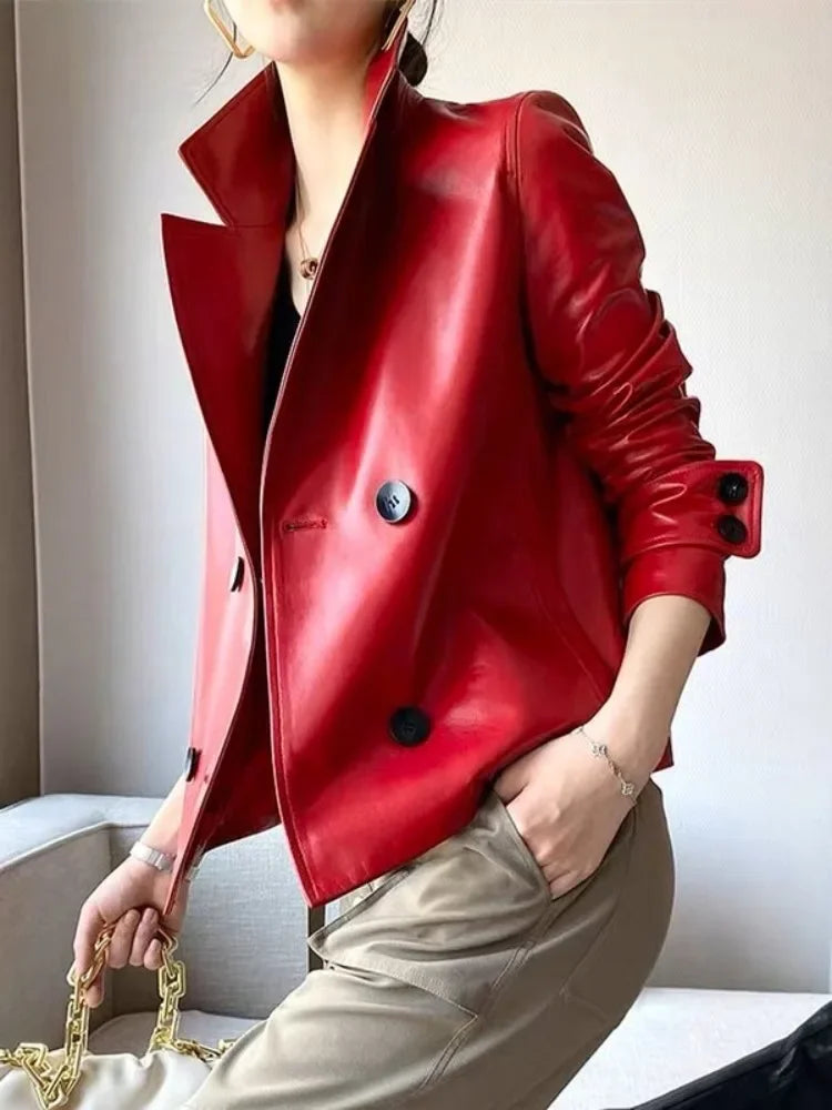 Autumn Winter Red Faux Leather Jackets Women 2024 New Outwear Long Sleeves PU Leather Short Coats Outwear for Female