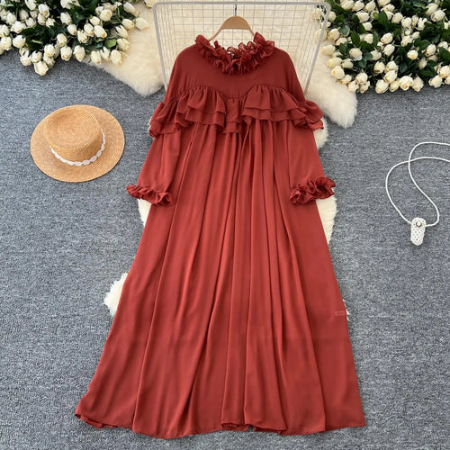 Load image into Gallery viewer, French 2024 Autumn New Solid Elegant Ruffle Edge Neck Long Sleeves Dress Women Vintage Loose Vacation Pleated Dress Popular Chic
