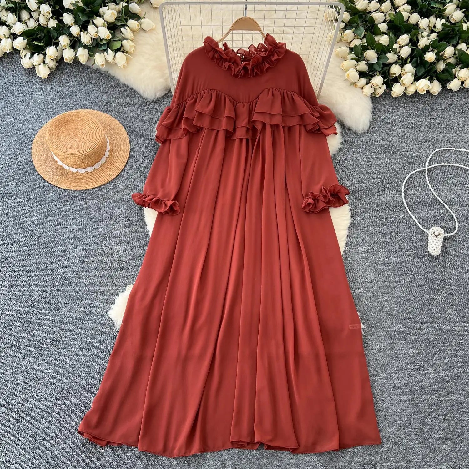 French 2024 Autumn New Solid Elegant Ruffle Edge Neck Long Sleeves Dress Women Vintage Loose Vacation Pleated Dress Popular Chic