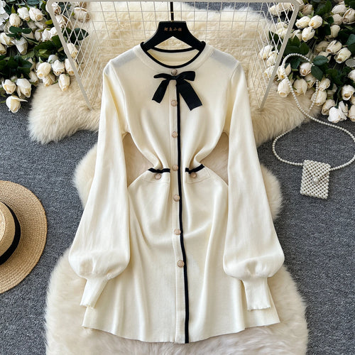 Load image into Gallery viewer, French Fashion Beige Patchwork Elegant Long Sleeves Round Neck Bow Mini Dress Women Autumn New Office Lady Short Knitted Dresses
