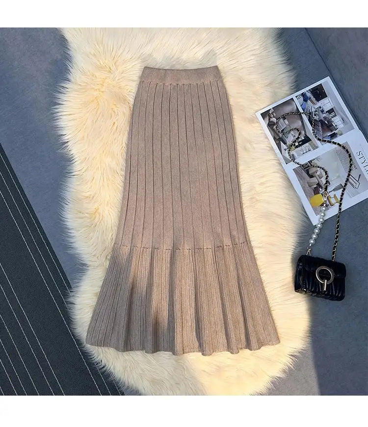 Vintage Women Solid High Waist Versatile Pleated A-line Long Skirt 2024 Autumn Winter French Sweet Knitted Fishtail Skirt Street