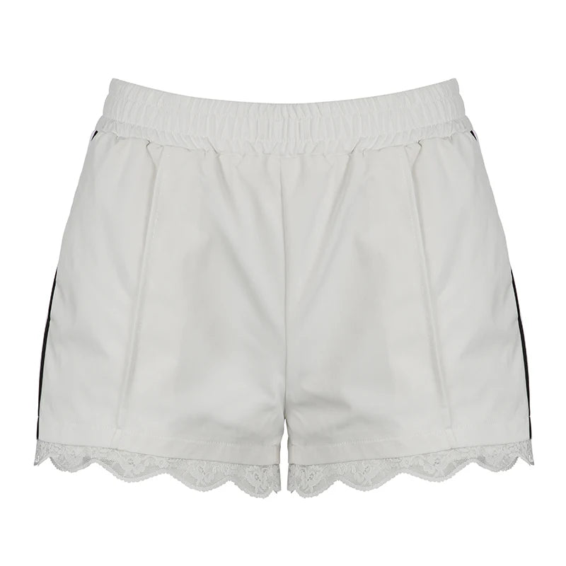 Casual Stripe Lace Spliced White Women Shorts Drawstring Elastic Waist Korean Style Homewear Summer Short Pants Hot