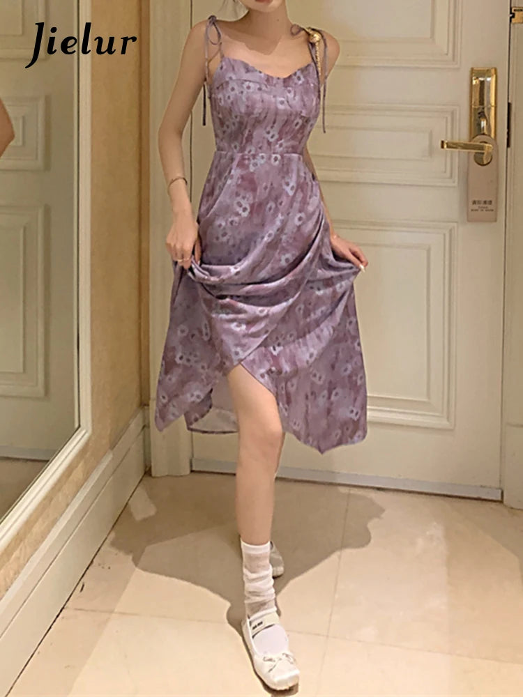 Purple Print Strapless Female Floral Dress Summer High Street Ruffles Women's Dresses French Style Slim Elegant Dresses