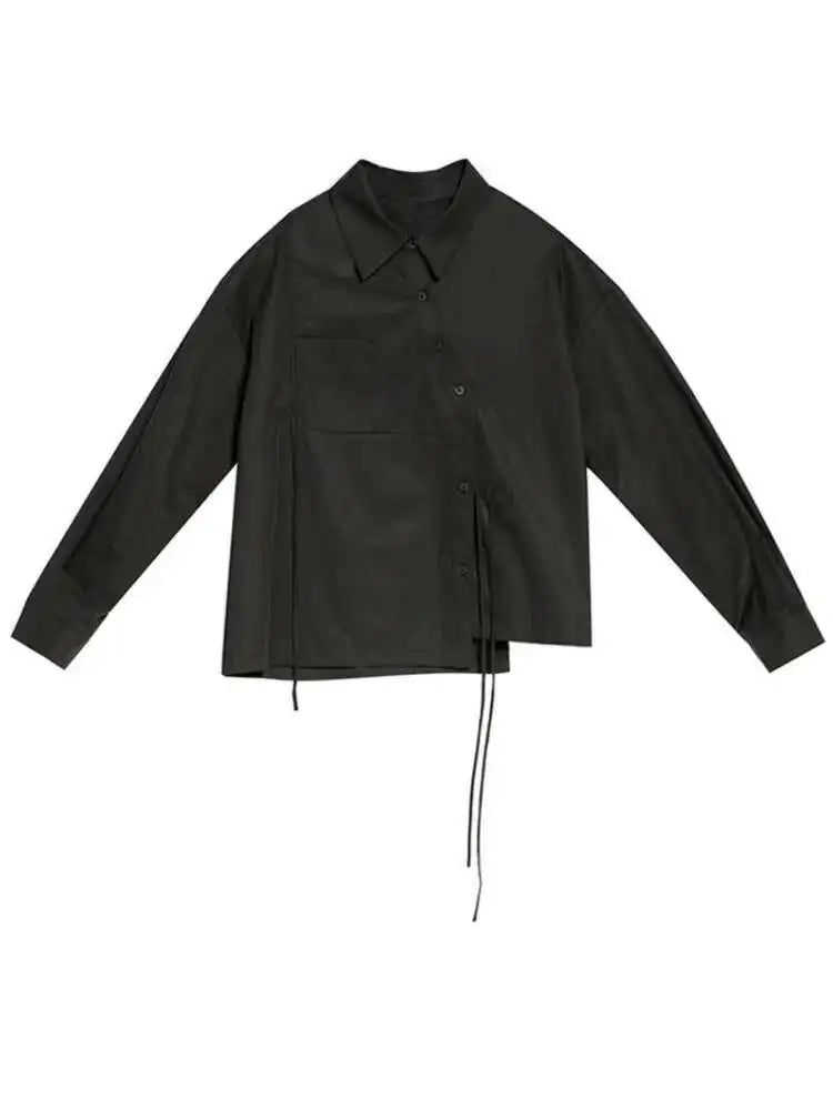 Women Black Bandage Big Size Long Blouse New Lapel Long Sleeve Loose Fit Shirt Fashion Tide Spring Autumn 2025  1DF1659