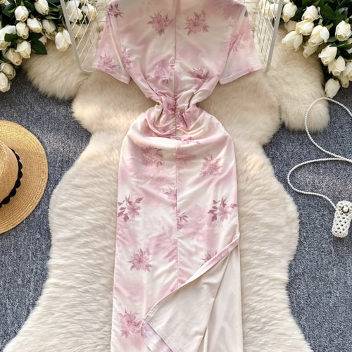 Load image into Gallery viewer, Chinese Style Women Pink Flower Elegant Cheongsam Evening Long Dress 2025 Summer New Short Sleeved Pleated Split Dress Bohemian
