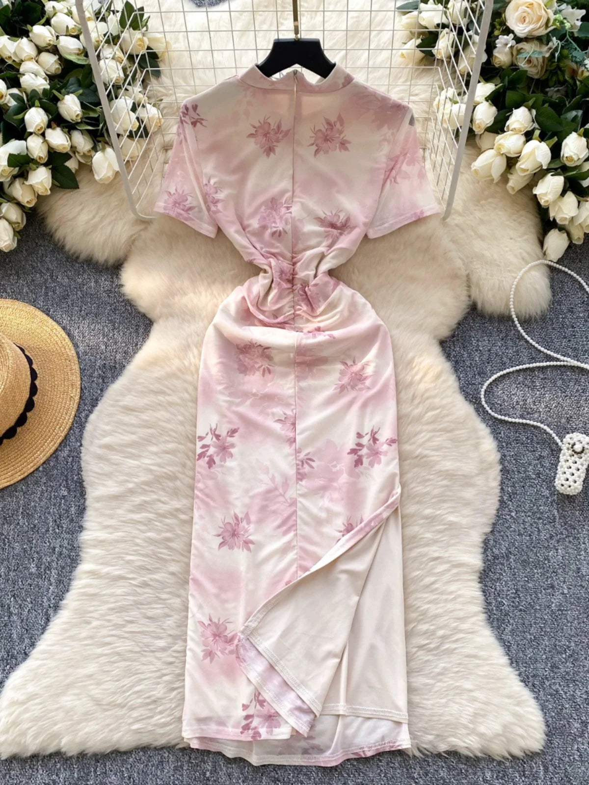 Chinese Style Women Pink Flower Elegant Cheongsam Evening Long Dress 2025 Summer New Short Sleeved Pleated Split Dress Bohemian
