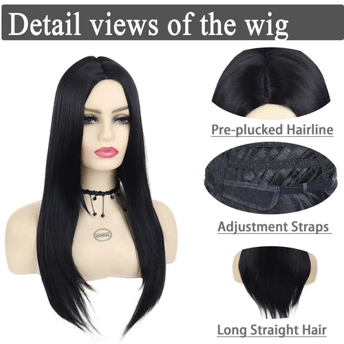 Load image into Gallery viewer, Synthetic Long Black Wigs for Women Natural Straight Hair TV Movie Cosplay Trendy Anime Wig Halloween Costome Addams
