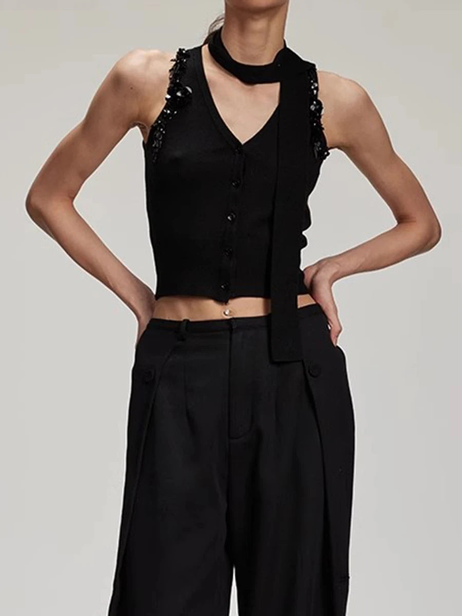 Solid Spliced Button Slimming Vests For Women V Neck Sleeveless Temperament Short Vest Female Fashion Style Clothes