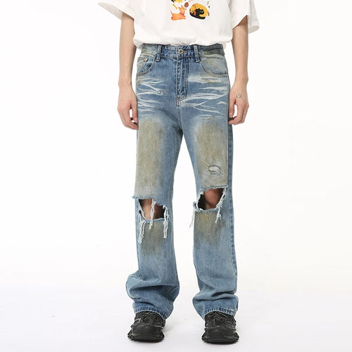 Load image into Gallery viewer, Niche Style Male Denim Pants New Worn-out Hole Contrast Color Stright Jeans Casual Wide Leg Men&#39;s Trousers Summer 9C6507
