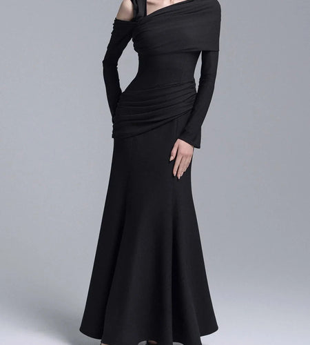 Slimming Spliced Folds Temperament Dresses for Women Diagonal Collar Long Sleeves Vintage Dress Female Clothing New