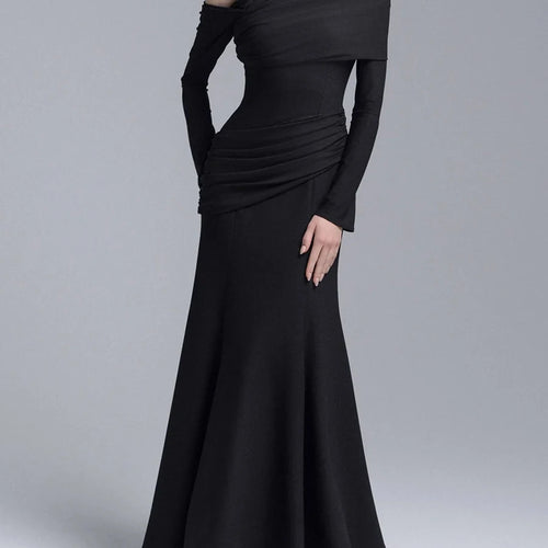 Load image into Gallery viewer, Slimming Spliced Folds Temperament Dresses for Women Diagonal Collar Long Sleeves Vintage Dress Female Clothing New
