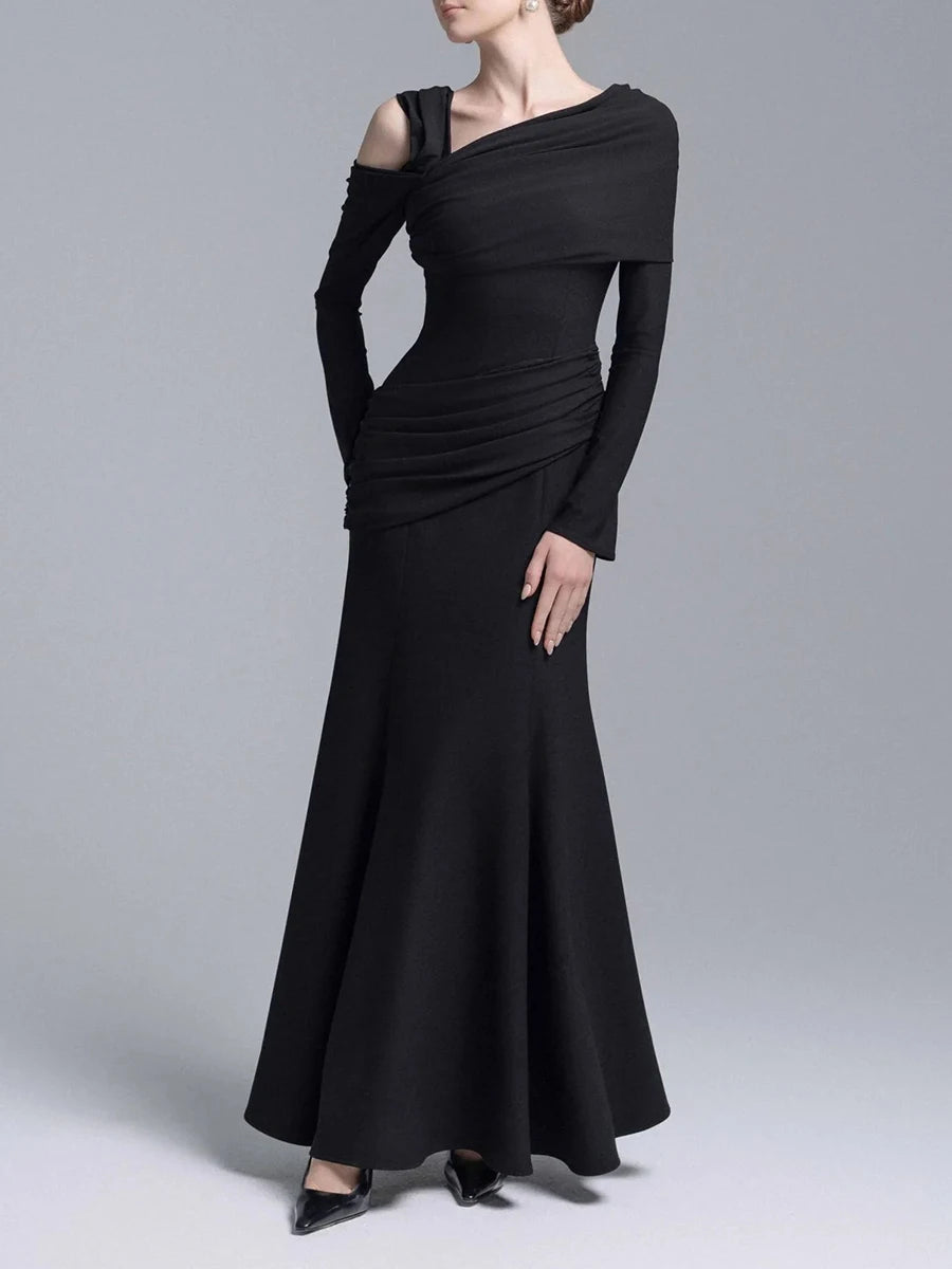 Slimming Spliced Folds Temperament Dresses for Women Diagonal Collar Long Sleeves Vintage Dress Female Clothing New