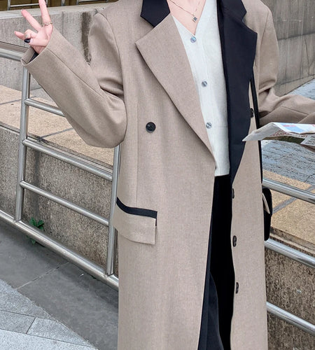 Women Khaki Color-block Big Size Long Elegant Blazer New Lapel Long Sleeve Jacket Fashion Tide Spring Autumn 2025 1DH9721