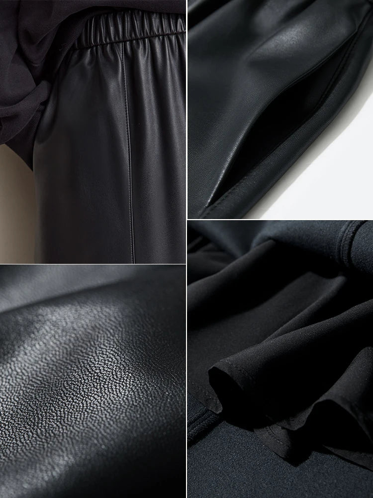 Minimalist Commuter Chic Skirt for Women 2024 Winter PU Elastic Waist Leather Multi-piece Patchwork Umbrella Skirt 12444168