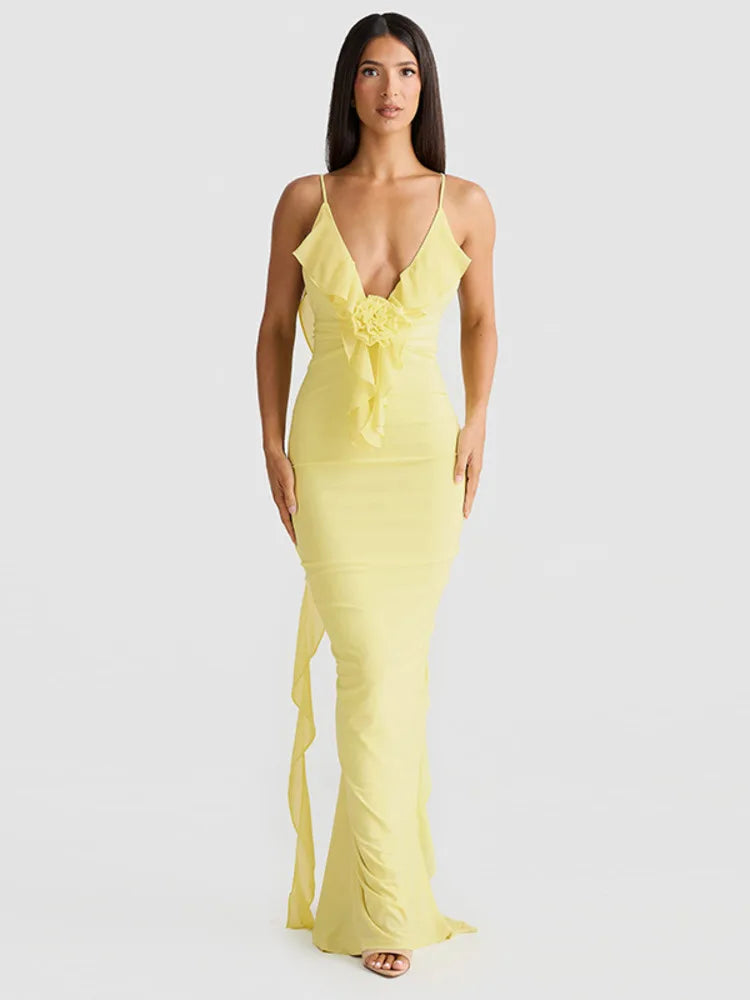 Sexy Spaghetti Strap Naked Back 3D Flower Women Dress Elegant V-neck Long Skirt Bodycon Strap Party Club Evening Dress