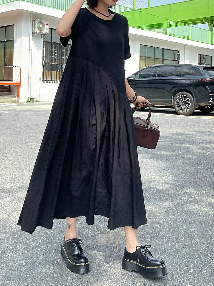 Women Black Irregular Pleated Big Size Midi Dress New Round Neck Short Sleeve Fashion Tide Spring Summer 2025 1DJ0851