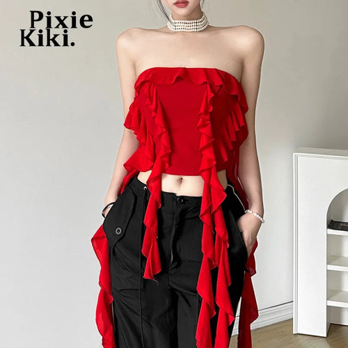 Load image into Gallery viewer, Cropped 2000s Y2k Tops Sexy Red Ruffle Fringe Backless Tube Top Coquette Summer Outfits for Women 2024 P94-DC21
