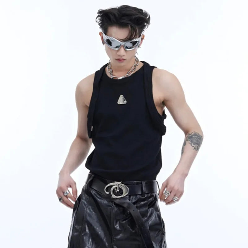 Summer Male Tank Tops Metal Design Double Straps Tops Sleeveless O-neck Solid Color Men's Vest Niche Style 9C6749